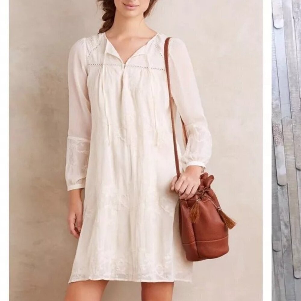 Anthropologie Tiny Luisa Ivory Boho Embroidered Swing Peasant Dress Size XS